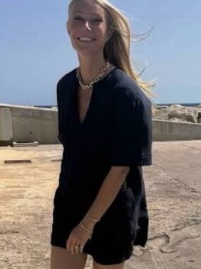 G Label by Goop Navy Short Sleeve V-Notch Kaftan Mini Dress
